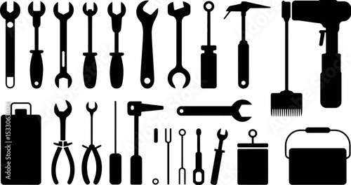 A collection of various black and white tool silhouettes arranged on a white background neatly