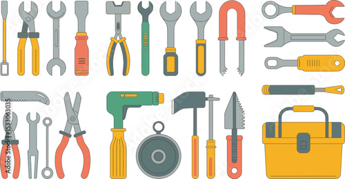 Illustration of various tools including wrenches pliers hammer and toolbox arranged neatly