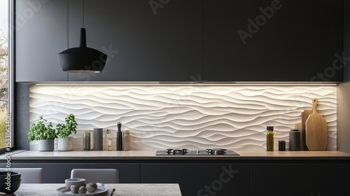 Modern Kitchen with Wave Pattern Backsplash and Elegant Minimalist Design Elements