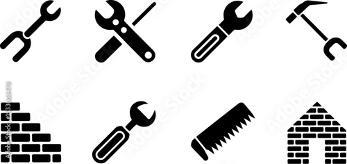 A collection of construction tools and building materials represented as black and white icons