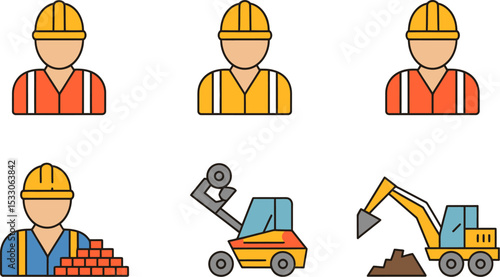 Illustration showing construction workers and construction vehicles on a white background