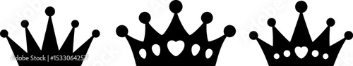 Three black crown silhouettes with varying designs on a white background in a row format