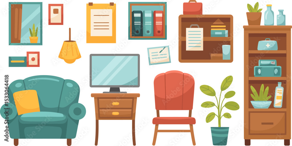 Fototapeta premium Illustration showing a furnished room with armchair, desk, shelves, and other furniture items