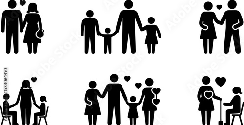 Illustration of family depictions with hearts showing different stages and relationships