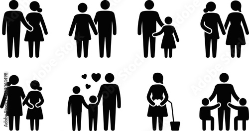Illustration showing various family structures and relationships in black silhouette icons