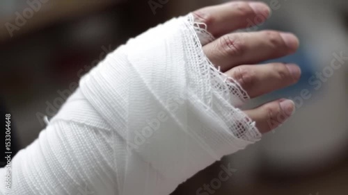 Injured hand wrapped in white bandages on a blurred background  