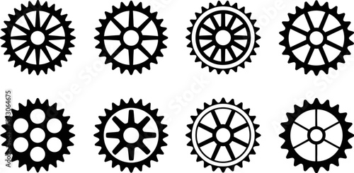 Eight black and white gear shapes with varying spoke designs arranged in two rows on white