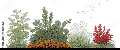 Architectural Drawings, Minimal style cad tree line drawing, Side view, set of section garden, wetland forest outline for landscape design drawing. Vector illustration in separate element 