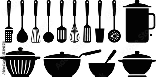 Illustration of kitchen utensils including pots, pans, and various cooking implements in black