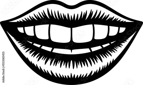 Illustration of a mouth with teeth showing in black and white on a white background view