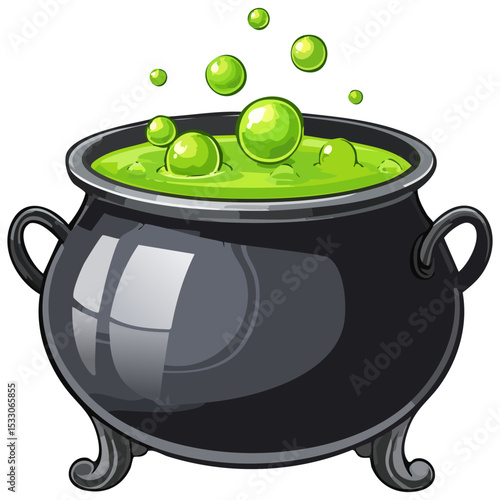 Cartoon illustration of a witches cauldron with green bubbling brew, isolated