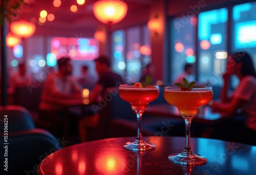 vibrant cocktail bar neon lights nightlife urban aesthetic colorful drinks lounge atmosphere signature cocktails social gathering, beverages, menu, table