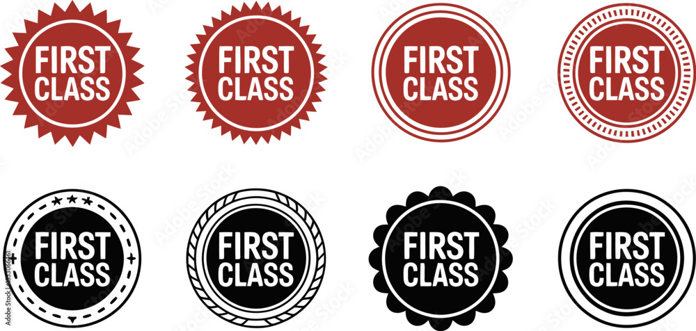 Eight first class badges with different designs arranged on a light colored background Eight first class badges with different designs arranged on a light colored background
