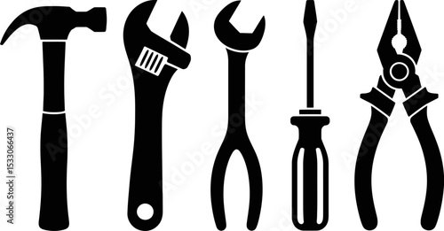 Illustration of various hand tools including a hammer, wrench, screwdriver, and pliers in black