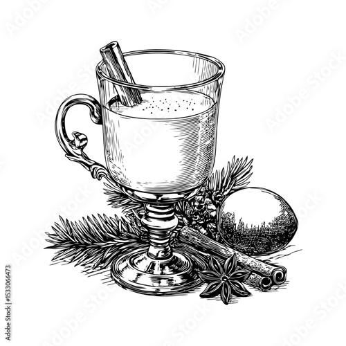 Hand-drawn holiday eggnog in a vintage glass with cinnamon sticks, star anise, pine sprigs, and egg on white background. Vintage style