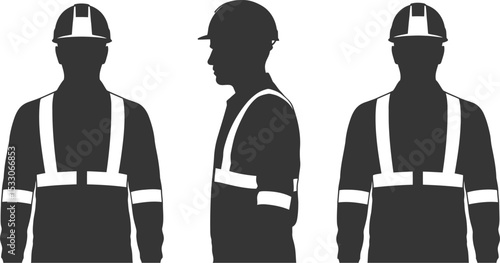 Three silhouettes of workers wearing safety vests and hard hats in different positions view