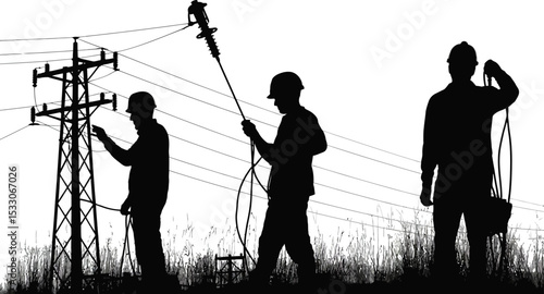 Silhouette of three workers near a power line with tools and safety helmets against white sky