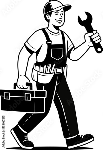 Illustration of a happy handyman walking with a toolbox and wrench in black and white style