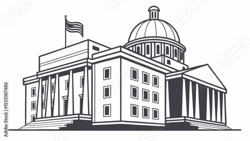 Capitol Building Line Art Illustration Dome Columns Flag