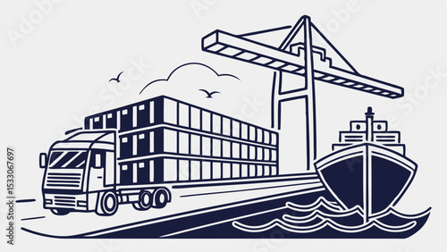 Cargo Ship Truck and Crane at the Port