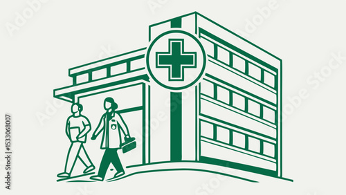 Green Line Art Depicting a Hospital Building and Medical Professionals