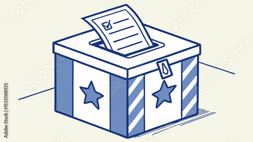 Illustrated Ballot Box with Checkmarked Paper and Stars