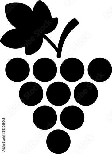 A simple graphic of a bunch of grapes with a leaf in black and white on a plain background