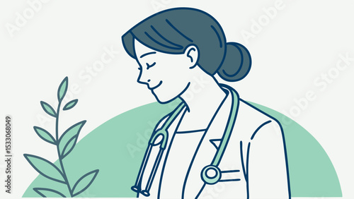 Illustrated female doctor with stethoscope and plant sprig