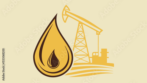 Oil Drop and Pumpjack Illustration in Yellow and Brown