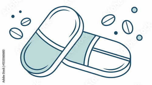 Two stylized capsules and several small pills blue outline