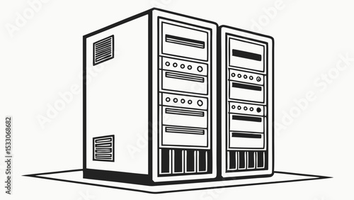 Two VintageStyle Computer Servers Rack Mounted Black and White Illustration