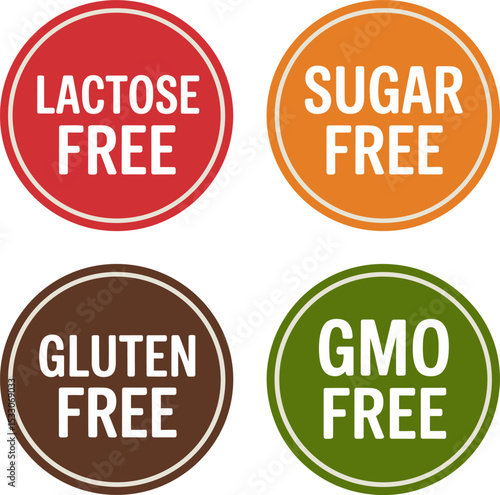 Lactose Free, Sugar Free, Gluten Free, GMO Free – Vector Attention Tags for Healthy Food Packaging

