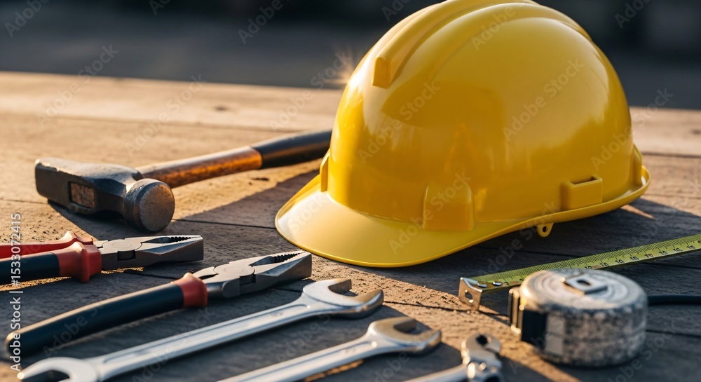 Fototapeta premium Yellow construction safety helmet and various work tools on a wooden surface. Concept of hard work, building, and repair.