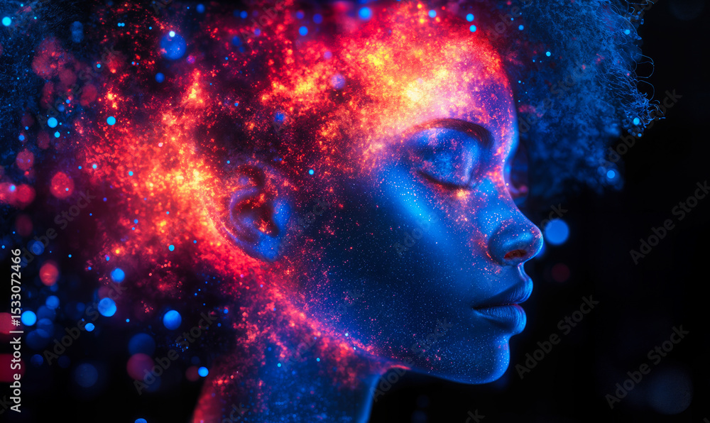 Profile of woman with glowing cosmic texture on skin and bright fiery hair against dark background, futuristic digital art concept of inner light and energy Profile of woman with glowing cosmic texture on skin and bright fiery hair against dark background, futuristic digital art concept of inner light and energy