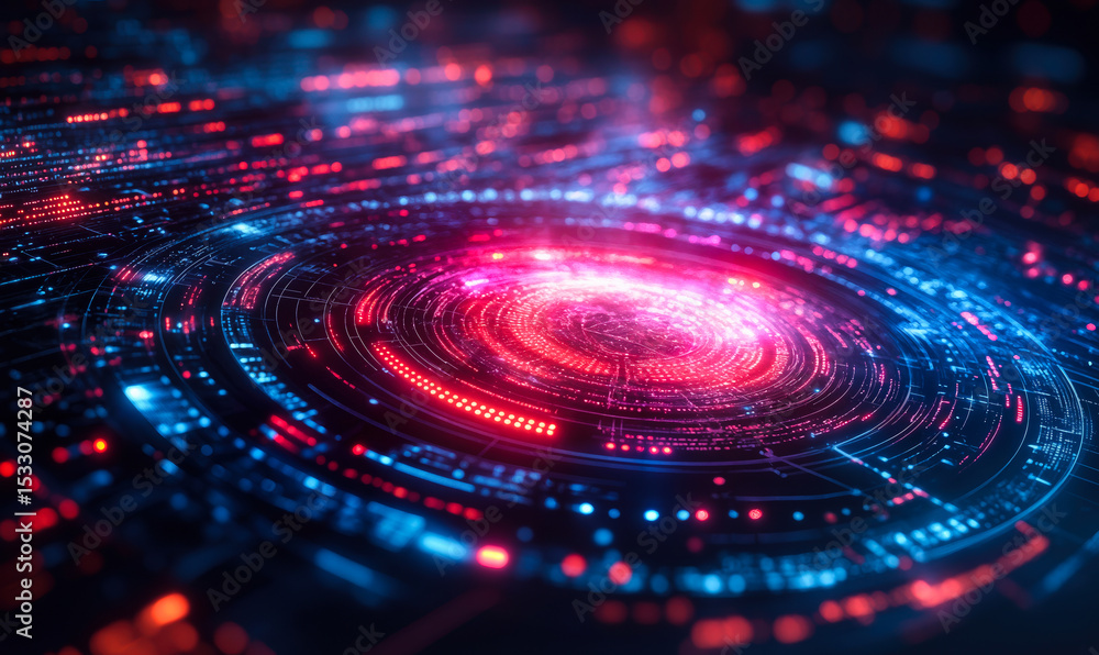 Abstract futuristic digital interface with glowing red and blue circular data visualization and technology background concept for innovation and artificial intelligence systems Abstract futuristic digital interface with glowing red and blue circular data visualization and technology background concept for innovation and artificial intelligence systems