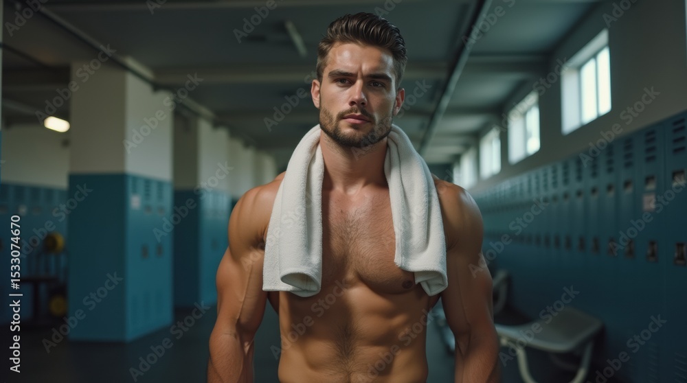 A shirtless man stands in a gym locker room, cooling off by holding a wet towel around his neck after a workout.
A shirtless man stands in a gym locker room, cooling off by holding a wet towel around his neck after a workout.