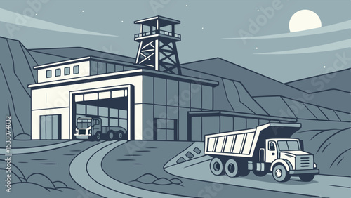 Industrial Mining Site with Trucks and a Large Building