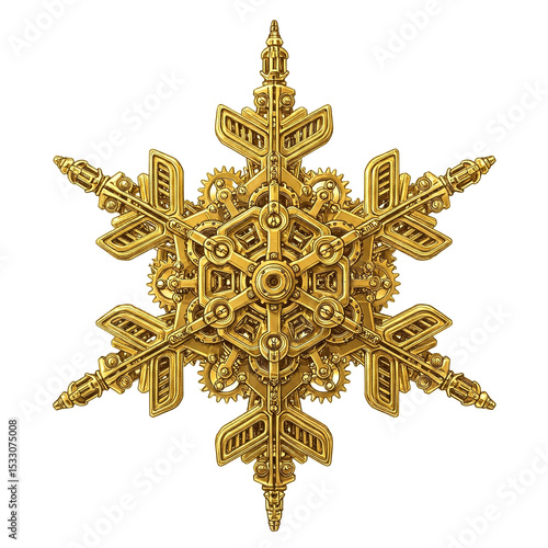 Intricate Watercolor Illustration of a Golden Steampunk Snowflake with Gears, Perfect for Fantasy Art and Industrial Decor Designs