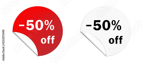 Sale percent 50 off. Discount stickers displaying fifty percent off promotions in red and white colors for retail sales. Vector illustration