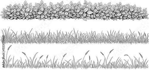 set of forest line cad, minimal isolated on white background. Ground cover. Illustration for elevation architectural element, side view, grass section. Turf coating banners for edging.