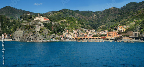 panoramic view of Monterosso al Mare, Cinque Terre, the seaside village with ...