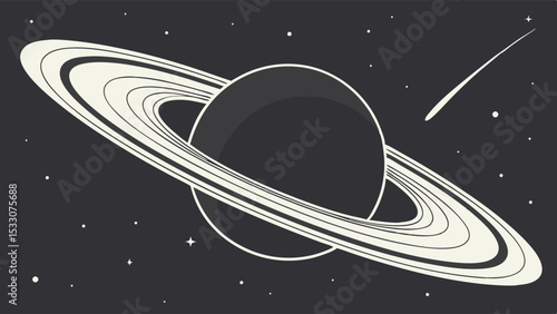 Stylized Saturn Planet with Rings and Comet in Space