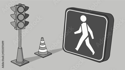 Traffic Scene with Pedestrian Sign Traffic Light and Cone