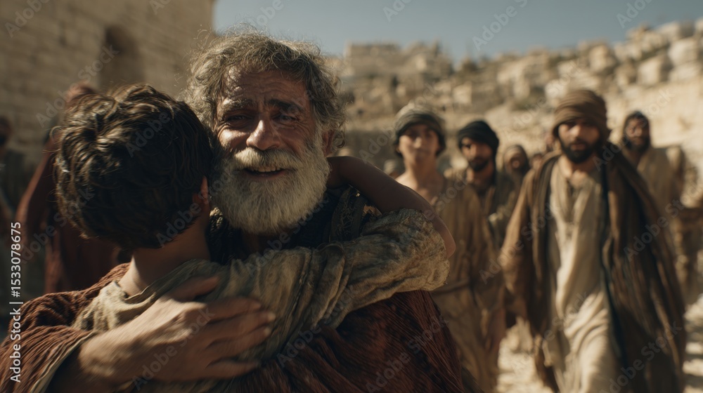 Fototapeta premium Father filled with joy embracing younger son on dusty road powerful biblical scene of the prodigal son's return.
