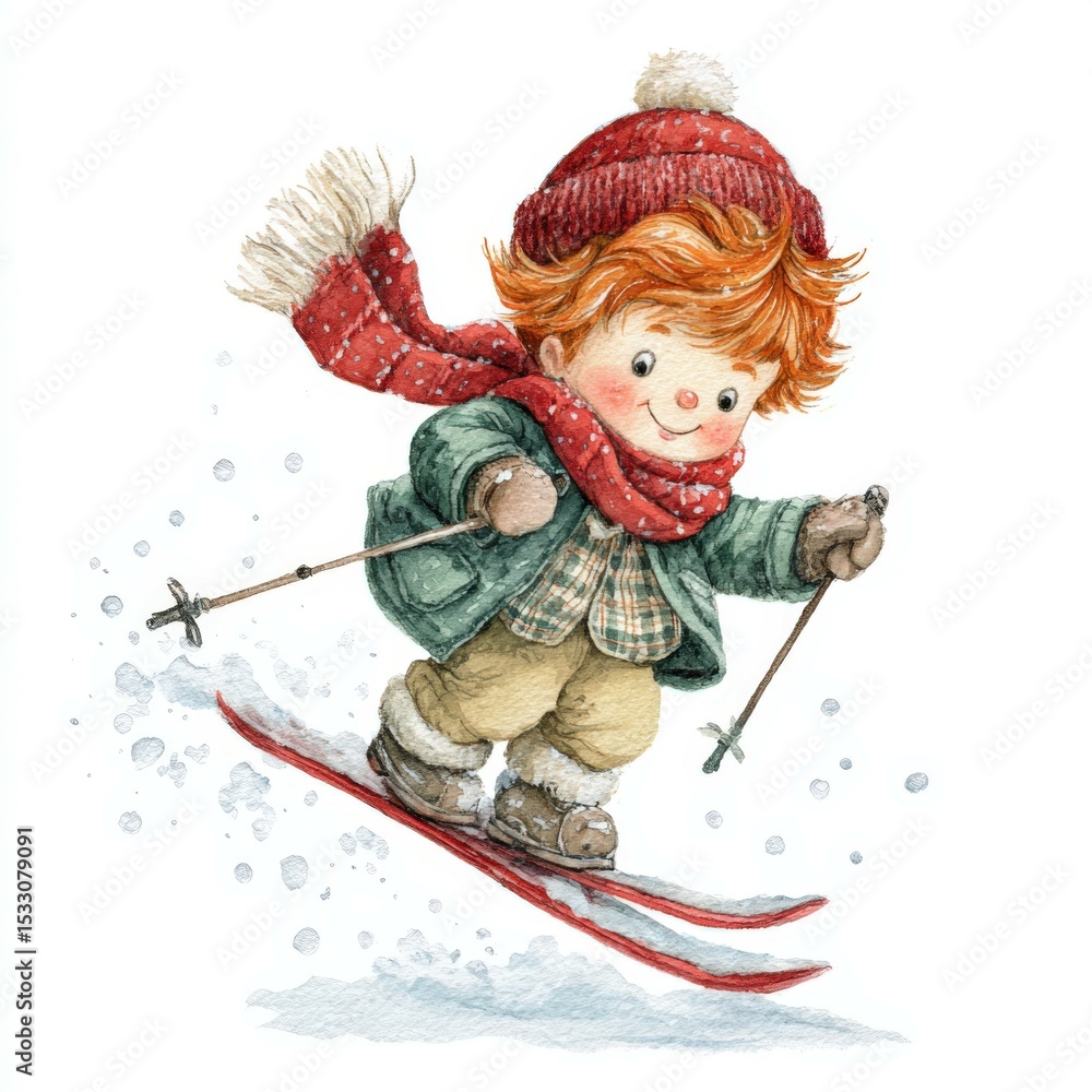 Fototapeta premium Watercolor illustration of a red-haired child skiing in a green coat and red winter hat and scarf in snow