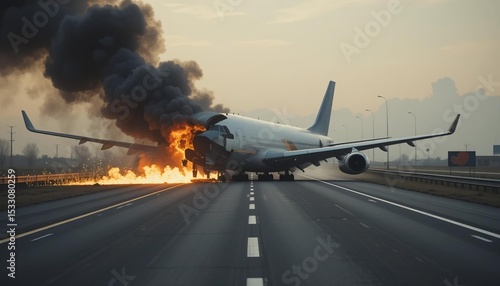 Passenger plane crash on abandoned highway with flaming engine and smoke trail, perfect for apocalyptic or emergency road visuals