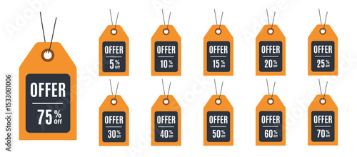 Set of orange offer tags with varying percentage discounts, ranging from 5% to 75% off, ideal for sales promotions and retail marketing