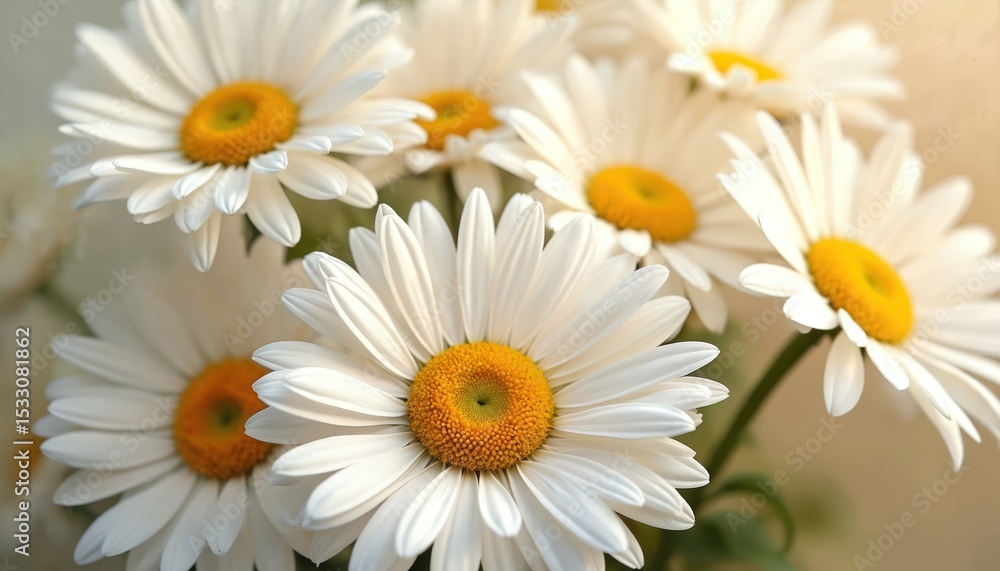 Fototapeta premium Close-up of beautiful white daisy flowers in full bloom. Yellow centers contrast with white petals, creating delicate floral composition. Fresh spring nature, botanical decorative design for
