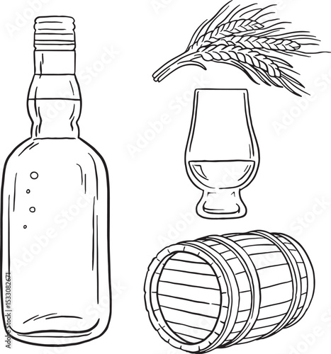 A hand-drawn illustration featuring elements for whiskey or spirits production: a classic bottle, a barrel, and a bundle of wheat or barley. This doodle set is perfect for designs.