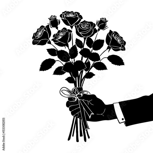 Silhouette of a man's hand presenting a bouquet of roses tied with ribbon, in graphic black and white style on a plain background, symbolizing romance flower delivery